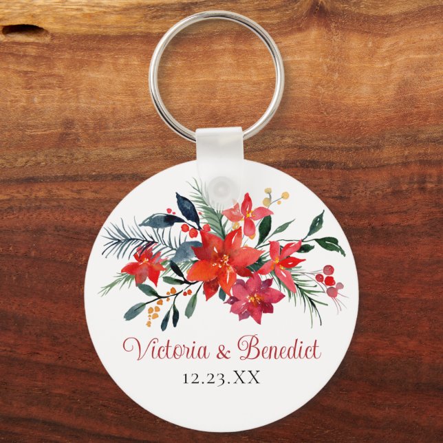 Porte-clés Rouge Noël Poinsettia Élégant Mariage floral (Recto)