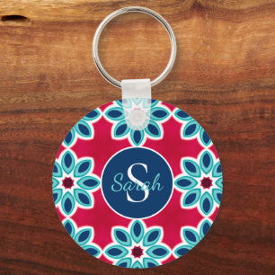 Porte-clés Rouge vif et bleu géométrique moderne personnalisé