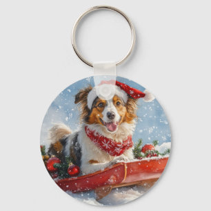 Porte-clés Rough Collie Dog in Sledge Let Snow Christmas