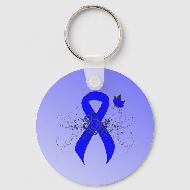 Porte-clés Ruban de sensibilisation bleu avec papillon (Recto)