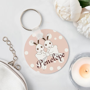 Porte-clés Ruban Rose Pastel et Blanc Cassé Joli Lapin Jumeau
