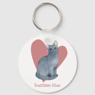 Porte-clés Russe Bleu Chat Aquarelle Kitty Coeur rose