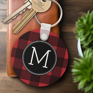 Porte-clés Rustic Red & Black Buffalo Plaid Pattern Monogram