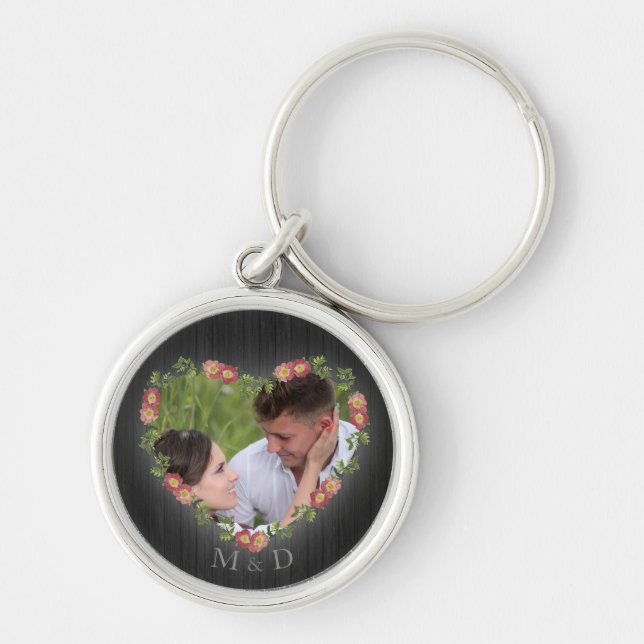 Porte-clés Rustique Bois Floral Heart Photo (Devant)
