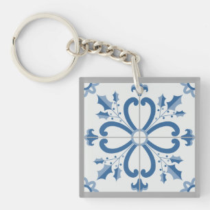 Porte-clés Sacré de Noël et pétales de fleurs carreaux bleus