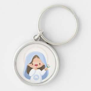 Porte-clés Sainte Vierge Kawaii Radieuse Tenant une Fleur – B