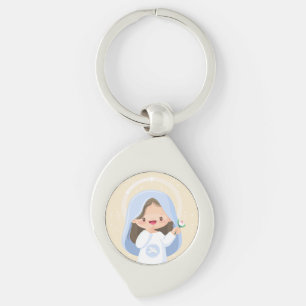 Porte-clés Sainte Vierge Kawaii Souriante avec Fleur – Beige