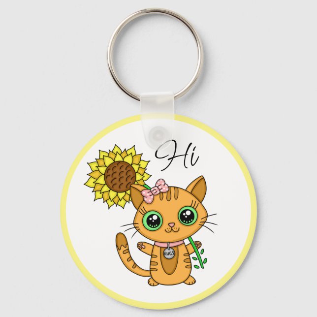 Porte-clés Salut et Hugs | Cute chat avec tournesol (Recto)