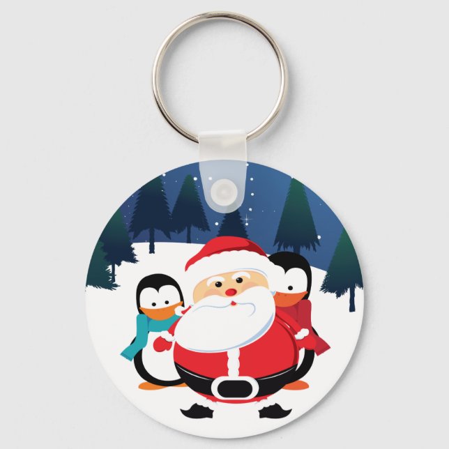 Porte-clés Santa Claus Et Pingouin En Scène D'Hiver (Recto)