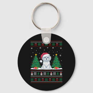 Porte-clés Santa Hat Chien Maltais Noël Les lumières de l'arb