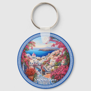 Porte-clés Santorin Grèce Bougainvillea Peinture Voyage