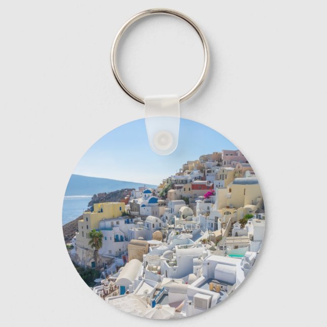Porte-clés Santorin Grèce - journée ensoleillée d'été à Santo (Recto)