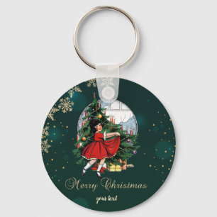 Porte-clés Sapin de Noël vintage, Petite Fille Flocons de nei
