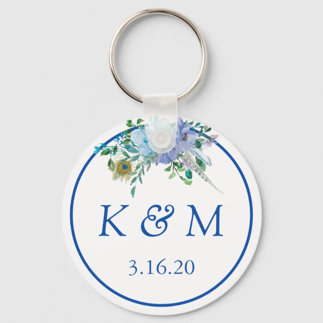 Porte-clés Sapphire Blue Floral Monogramme Mariage Faveur (Recto)