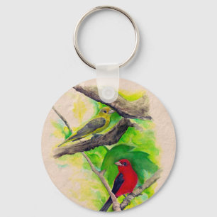 Porte-clés Scarlet Tanagers Oiseaux Aquarelle Peinture