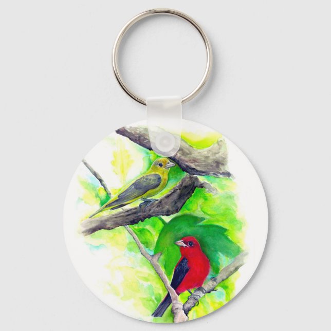 Porte-clés Scarlet Tanagers Oiseaux Aquarelle Peinture (Recto)