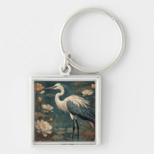 Porte-clés scène botanique vintage grue bleue et lotus aussi