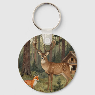 Porte-clés Scène de cabane forestière avec cerf et renard