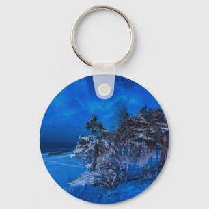Porte-clés Scène hivernale nocturne avec pins enneigés