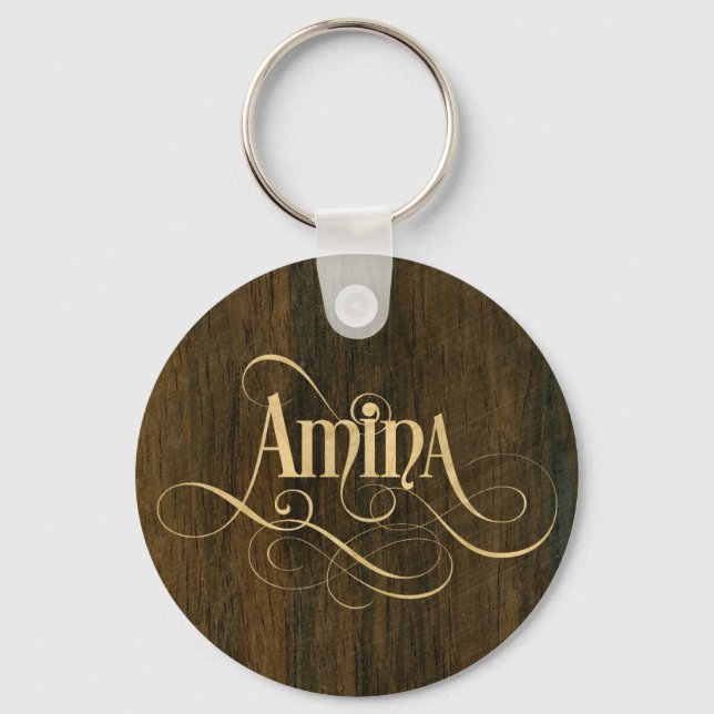 Porte-clés Script Tourbillonnant personnalisé Amina Wood Vene (Recto)