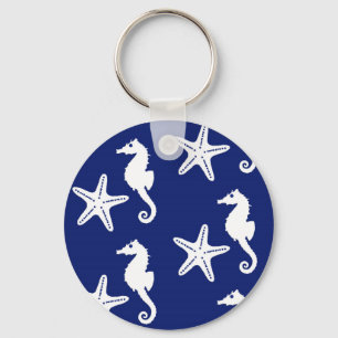 Porte-clés Seahorse & starfish - navy blue and white