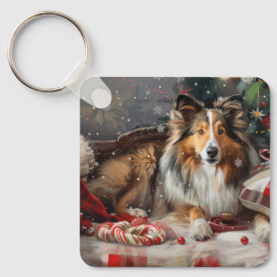 Porte-clés Shetland Sheepdog Festif de Noël