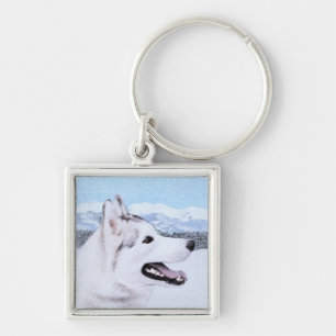 Porte-clés Sibérie Husky (argent et blanc) Peinture Chien Ar