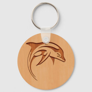 Porte-clés Silhouette de dauphin gravée sur bois