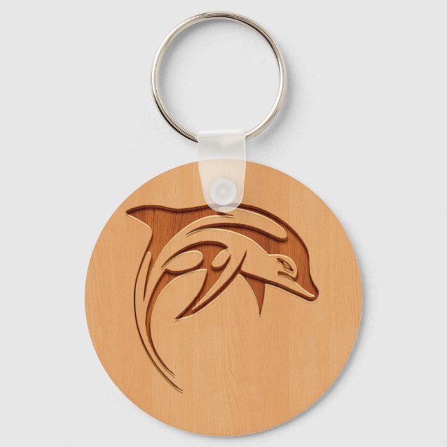 Porte-clés Silhouette de dauphin gravée sur bois (Recto)