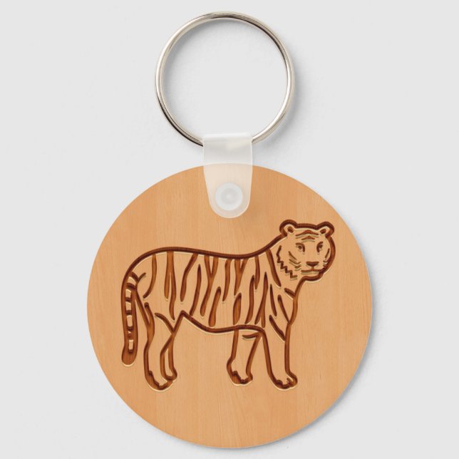 Porte-clés Silhouette de tigre gravée sur bois (Recto)