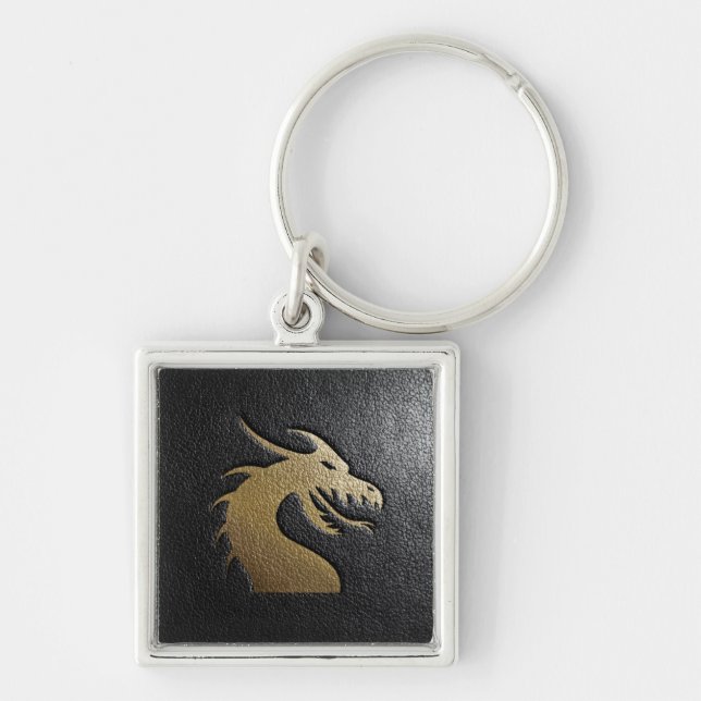 Porte-clés Silhouette d'or de dragon sur le cuir noir (Devant)