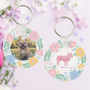 Porte-clés Silhouette florale de Bouledogue français rose pas