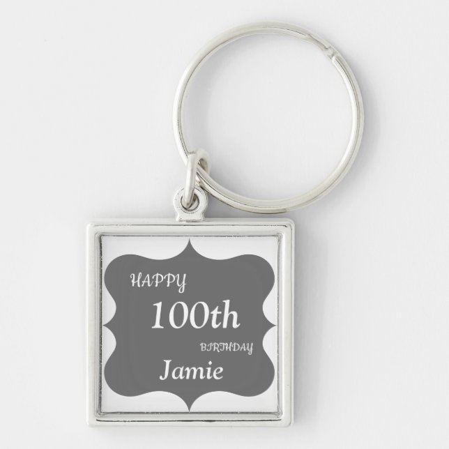 Porte-clés Silver and Grey Happy 100th Birthday personnalisé (Devant)