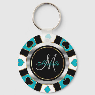 Porte-clés Silver and Turquoise Poker Chip Design - Monogram
