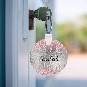 Porte-clés Silver pink glitter drips metal monogram name 