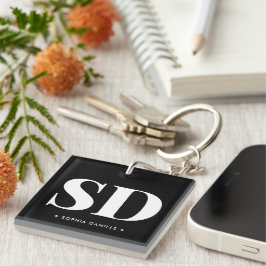 Porte-clés Simple 2 Monogramme initial noir noir blanc