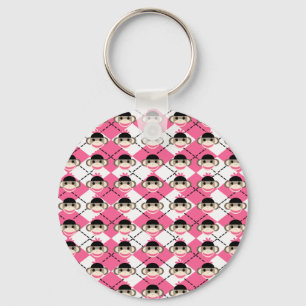 Porte-clés Singes roses sur Diamant Jacquard rose blanc