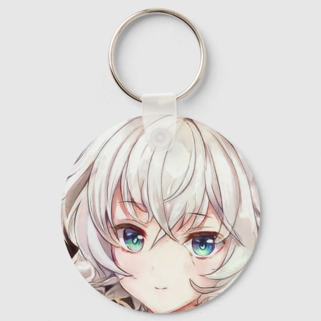 Porte-clés Smiling fille manga argent cheveux vert yeux (Recto)