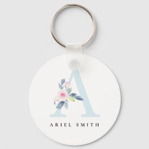 PORTE-CLÉS SOFT BLUSH BLUE FLORAL ALPHABETS NAME LETTER A