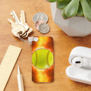 Porte-clés Softball artistique de SlipperyJoe sur feu cadeaux