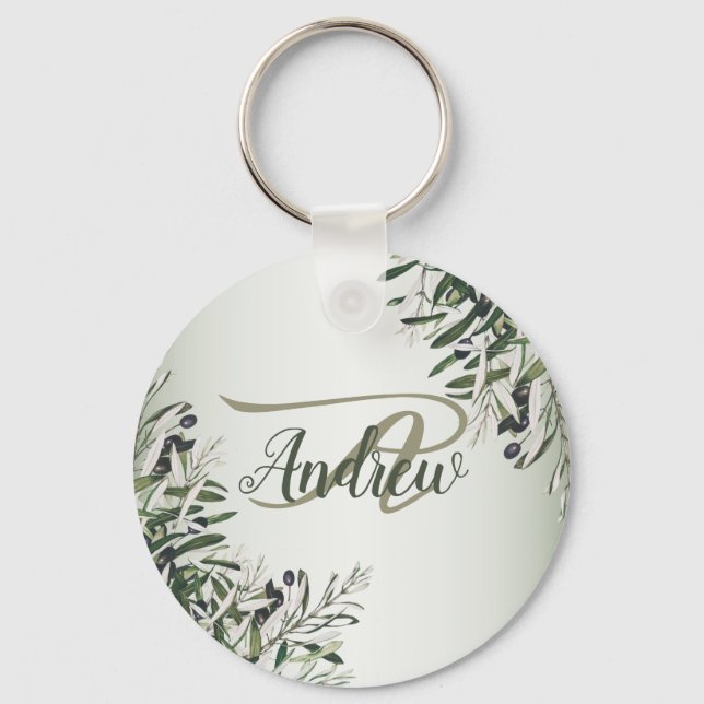 Porte-clés Soirée de mariage Vert Feuilles Noir Olive Élégant (Recto)