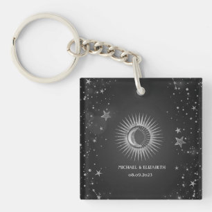 Porte-clés Soleil, Lune, Étoiles Argent Céleste Foncé