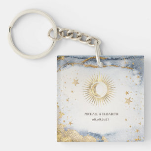 Porte-clés Soleil, Lune, Étoiles Célestes Aquarelle