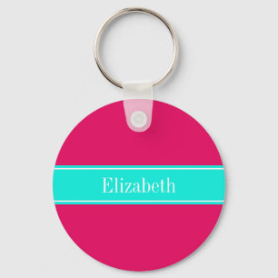 Porte-clés Solid Raspberry, Bright Aqua Ribbon Name Monogram