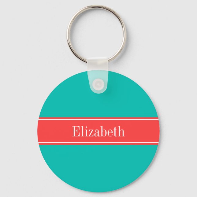 Porte-clés Solid Teal, Coral Red Ribbon Monogram (Recto)