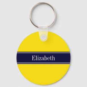 Porte-clés Solid Yellow, Navy Blue Ribbon Name Monogram