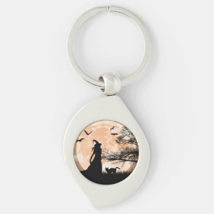 Porte-clés Sorcière mystique, Chat noir, Pleine lune