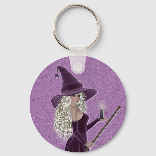 Porte-clés Sorcière violette tenant une bougie (Recto)