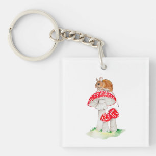 Porte-clés Souris mignonne à la mouche aquarelle agarique