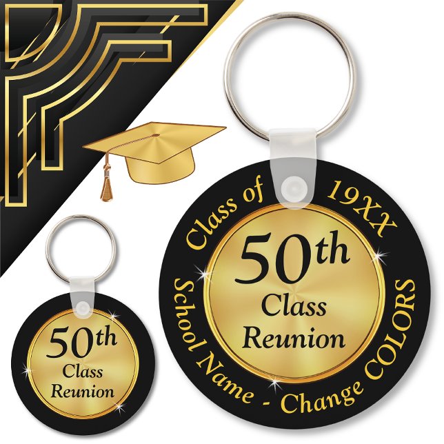 Porte-clés Souvenirs de réunion de classe 50 ans, changer de  (50 year class reunion souvenirs. Black Gold Personalized, 50th Class Reunion Favors. Class of 1974.)